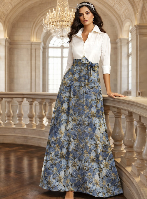 A-Line Floor Length Shirt Dress Wedding Guest Dress Formal Dresses Mother  of the Bride Dress Long Sleeve Shirt Collar Elegant Vintage Formal Stretch  Fabric with Bow(s) Color Block 2026 - US $186.99