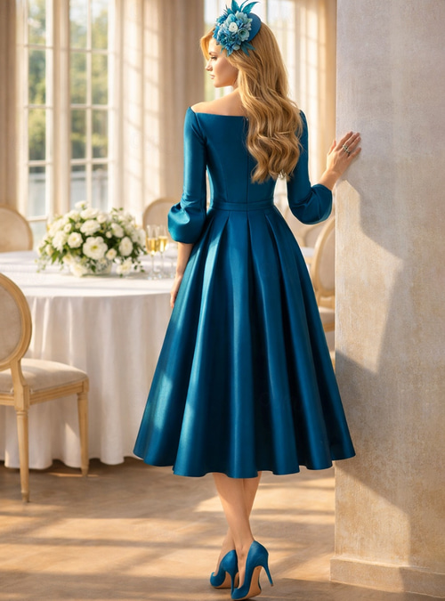 A-Line Tea Length Cocktail Dresses Party Dresses Elegant Mother 3/4 Length  Sleeve V Neck Formal Wedding Guest Satin with Pleats 2026 - kr. 1199