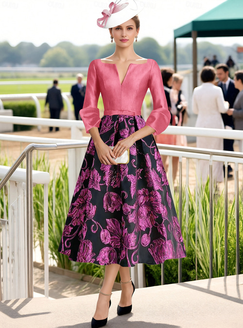 tea length garden party dresses A-Line Tea Length Cocktail Dresses Party Dresses Flared Dress Elegant 3/4  Length Sleeve V Neck Garden Party Wedding Satin with Bow(s) 2026