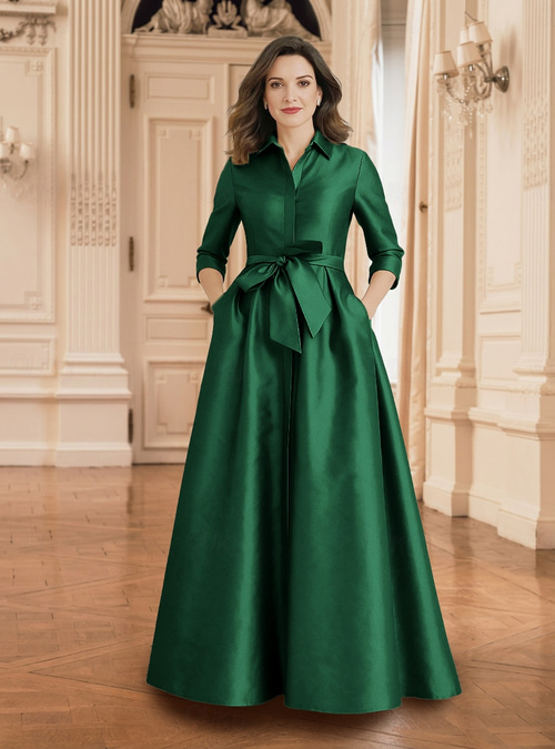A-Line Floor Length Shirt Dress Wedding Guest Dress Formal Dresses Mother of the Bride Dress Half Sleeve Shirt Collar Minimalist Formal Wedding Guest Fall Satin with Bow(s) Pleats 2026