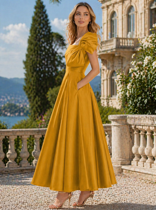 cocktail dress ankle length A-Line Ankle Length Cocktail Dresses Party Dresses Elegant Silky Short  Sleeve One Shoulder Wedding Formal Pink Dress Satin with Bow(s) 2026