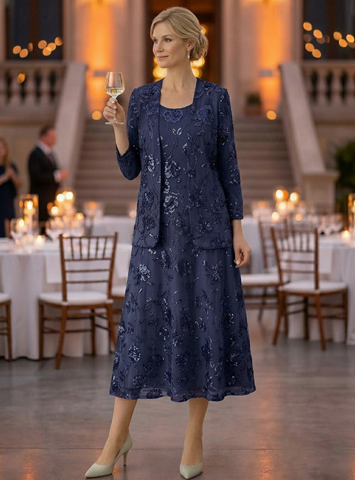 Two Piece A-Line Ankle Length Tea Length Wedding Guest Dress Mother of the Bride Dress Sleeveless Long Sleeve Scoop Neck Elegant Luxurious Sparkle & Shine Formal Wedding Guest Chiffon Sequined with 2026