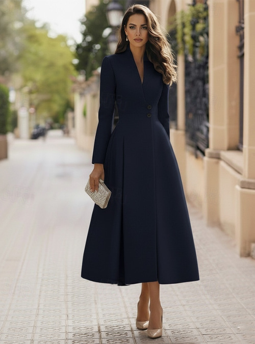 Women's Women Tuxedo Dress A-Line Formal Stretch Crepe Elegant Vintage Long Sleeve Tea Length Midi Length Queen Anne Double Breasted 2026