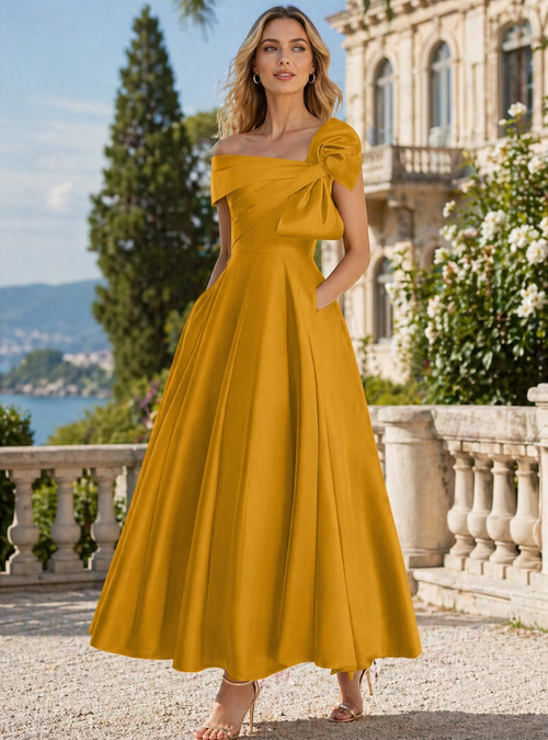 ankle length cocktail dress A-Line Dresses Party Dresses Elegant Silky Short Sleeve One Shoulder Wedding Formal Pink Satin with Bow(s) 2026 Color:Royal Blue Flower 100% Polyester. back zip Millie Bobby Brown's Style Cocktail attire