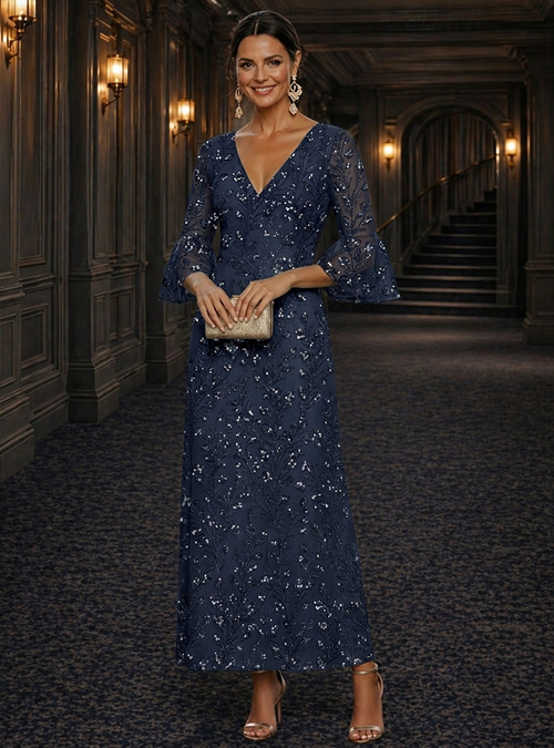 ankle length semi formal dresses A-Line Dress Floor Length Cocktail Dress Mother of the Bride Dress Long Sleeve V Neck Elegant Luxurious Sparkle & Shine Wedding Guest Formal Lace with Beading Sequin 2026 RESTOCK20FEB26 A-Line Soft Satin Sweetheart Color:Ivory Lace+Nude Lining A variance of +/