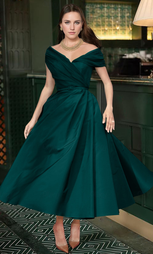 TS A Line Cocktail Dresses Elegant Dress Wedding Guest Summer Ankle Length Sleeveless Off Shoulder Fall Wedding Guest Satin with Ruched 2024 2024 630