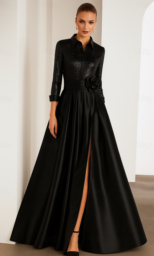 A-Line Floor Length Shirt Dress Wedding Guest Dress Formal Dresses Mother  of the Bride Dress Long Sleeve Shirt Collar Elegant Wedding Formal Wedding  Guest Satin with Glitter Pleats 2026 -  490