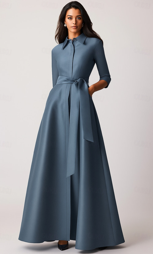 A-Line Floor Length Shirt Dress Wedding Guest Dress Formal Dresses Mother  of the Bride Dress Half Sleeve Lapel Elegant Wedding Formal Wedding Guest  Stretch Satin with Bow(s) Pocket Strappy 2026 -