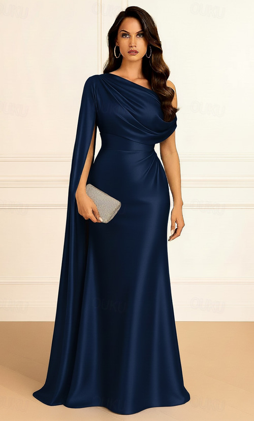 Sheath Column Floor Length Prom Dresses Evening Gown Ball Gown Formal Dress  Elegant Silky Sleeveless One Shoulder Wedding Formal Capes Stretch Satin  with Shawl 2026 -  150