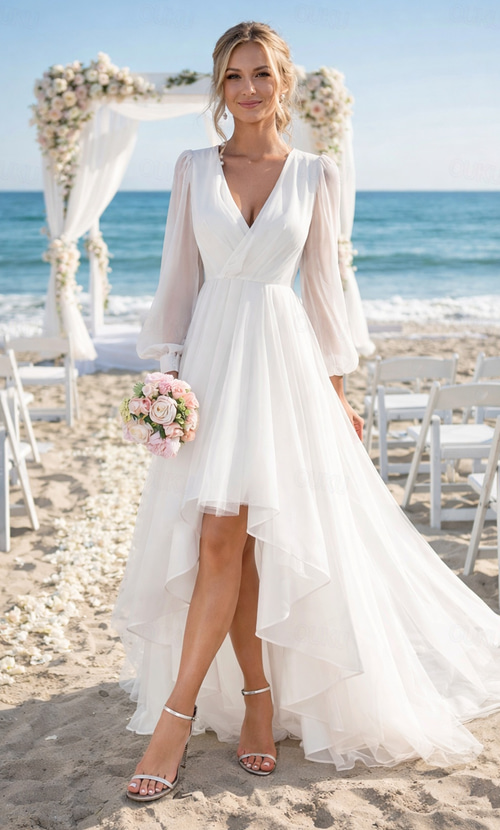Wedding Gowns White Long Sleeve Bridal Shower Dress A-Line Tea Length Wedding Dresses Bridal Shower