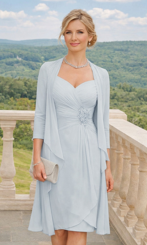 knee length wedding dress with jacket Two Piece Sheath Column Guest Mother of the Bride Dress 3/4 Length Sleeve Sweetheart Elegant Plus Size Wedding Guest Church Chiffon Lace Wrap Included Dresses 2026 3/31/26