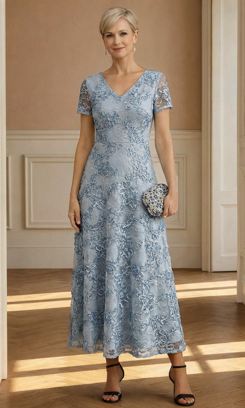 ankle length semi formal dresses A-Line Dress Floor Length Cocktail Dress Wedding Guest Dress Mother of the Bride Dress Short Sleeve V Neck Elegant Casual Wedding Guest Formal Lace with 3D Flowers Embroidery Category_Shirts/Classic Fit Shirts