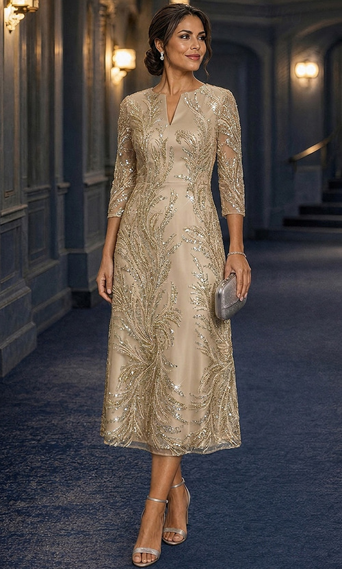 tea length gold mother of the bride dresses A-Line Dress 3/4 Length Sleeve V Neck Elegant Vintage Luxurious Formal Wedding Guest Lace with Beading Sequin Appliques 2026 event:Mother Of Bride