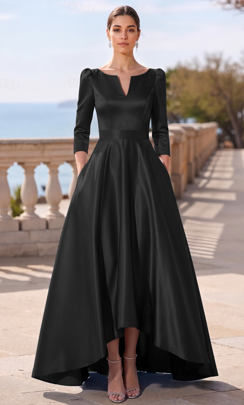 A-Line Asymmetrical Ankle Length Formal Dresses A Line Dress Cocktail Dresses Elegant Vintage Long Sleeve V Neck Wedding Formal Satin with Pocket 2026