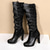 abordables Barroco &amp; Declaración-Botas góticas con cordones por encima de la rodilla para mujer: tacones lolita de terciopelo negro con lazos de satén para Halloween, cosplay y fiestas de inspiración vintage.