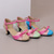 baratos Sandálias de salto-saltos mary jane coloridos femininos – scarpins de laço azul e rosa com tira no tornozelo para festa e cosplay