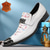 cheap Premium Leather Loafers-Men&#039;s Premium Cowhide Leather Punk Style Loafers - Artistic Print Slip-On Shoes with Decorative Buckle and Spiked Metal Toe Cap