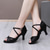 preiswerte Lateinamerikanische Schuhe-Schwarze Tanzschuhe für Damen aus Satin mit Kreuzriemen und Strassschnalle, bequemer Absatz für lateinamerikanischen Tanz und Salsa