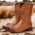 levne Cowboy &amp; Western Boots-pánské hnědé westernové kovbojské boty z umělé kůže - vintage styl s jedinečným prošíváním a pruhovanými detaily pro venkovní nošení