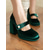 cheap 1950s-Women&#039;s Green Velvet Mary Jane Block Heels with Pearl Accent – Retro Platform Pumps for Party and Formal Events