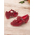cheap Mary Jane Pumps-Women's Vintage Mary Jane Heels with Bowknot Decoration – Red Suede Chunky Mid Heel Shoes for Formal Events