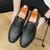 preiswerte Halbformell-braune Pennyloafer aus Kunstleder für Herren mit gewebtem Obermaterial und Gummisohle – bequem und stilvoll für Business-Casual- oder Smart-Casual-Outfits