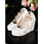 cheap Formal-Women&#039;s White Satin Bridal Wedges with Ankle Strap and Lace Appliques | Comfortable and Elegant Wedding Shoes