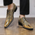 billige Brogue-sko-kjolesko for menn - gull og svart pytonmønster med strassdetaljer for dansefester og spesielle arrangementer