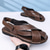 cheap Vacation Sandals-Men's Brown Faux Leather Cross-Strap Sandals with Adjustable Closure - Comfortable and Trendy Sandals for Warm Weather