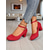 tanie Mary Jane szpilki-Damskie czerwone czółenka typu Mary Jane na klockowym obcasie - eleganckie buty z imitacji zamszu z okrągłym noskiem i paskiem przy kostce, w stylu vintage do biura, na imprezy i na co dzień