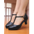 ieftine Pantofi Dans Latin-Pantofi de dans negri pentru femei cu bareta T - tocuri confortabile cu vârful închis și cataramă reglabilă pentru dansuri latino, pantofi de performanță profesională pentru salsa, tango și sesiuni de