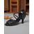 abordables Chaussures de danses latines-Chaussures de danse latine en satin noir pour femmes avec brides croisées, boucle en strass, bout ouvert, talon haut - Chaussures de performance de salon professionnelles pour les compétitions et