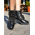 abordables Botines-Botines marrones de tacón grueso con cordones para mujer: estilo militar de piel sintética con cremallera lateral y detalle de hebilla, ideales para conjuntos de otoño, actividades al aire libre y ropa de calle informal.