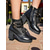 abordables Botines-Botines marrones de tacón grueso con cordones para mujer: estilo militar de piel sintética con cremallera lateral y detalle de hebilla, ideales para conjuntos de otoño, actividades al aire libre y ropa de calle informal.