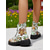 abordables Botas de combate-Botas de combate negras con estampado floral para mujer: cierre con cordones, cremallera lateral y suela gruesa con tacos. Calzado elegante para uso casual y festivalero.