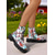 abordables Botas de combate-Botas de combate negras con estampado floral para mujer: cierre con cordones, cremallera lateral y suela gruesa con tacos. Calzado elegante para uso casual y festivalero.