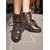 abordables Botines-Botines marrones de tacón grueso con cordones para mujer: estilo militar de piel sintética con cremallera lateral y detalle de hebilla, ideales para conjuntos de otoño, actividades al aire libre y ropa de calle informal.