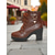 abordables Botines-Botines marrones de tacón grueso con cordones para mujer: estilo militar de piel sintética con cremallera lateral y detalle de hebilla, ideales para conjuntos de otoño, actividades al aire libre y ropa de calle informal.