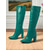 abordables Botas de moda-Botas de piel sintética hasta la rodilla verdes para mujer: botas de tacón cuadrado con punta puntiaguda para otoño e invierno, estilo urbano, salidas diarias y moda festiva.