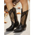 abordables Cowboy y botas occidentales-Botas vaqueras de piel sintética negras y doradas para mujer con bordado de águila dorada: botas de montar de media pantorrilla estilo western para conciertos y festivales de música country.
