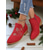 baratos Botas de tornozelo-Botas femininas vermelhas de cano curto – botinhas de salto baixo com zíper bordado e camurça sintética para o Natal, festas e estilo casual