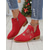 baratos Botas de tornozelo-Botas femininas vermelhas de cano curto – botinhas de salto baixo com zíper bordado e camurça sintética para o Natal, festas e estilo casual