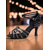abordables Chaussures de danses latines-Chaussures de danse à lanières noires et strass pour femmes - Talons de danse latine Gatsby des années 1920 pour soirée &amp; performance