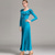 cheap Standard  Ballroom-Elegant Blue Ballroom Dance Dress with Ruffled Neckline and Long Sleeves for Latin and Social Dancing