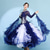 abordables Vêtements de Compétition-Robe de danse de salon pour femme, bleu marine, plumes, strass, organza superposé, élégante, pour compétition de valse, foxtrot