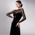 baratos Roupa de Competição-Vestido de dança de salão feminino, veludo preto, malha transparente, manga longa, elegante, tango, rumba, foxtrote, competição, vestido de apresentação