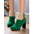 abordables Botas de moda-Botas de tacón de ante verde para mujer con puño de piel sintética, tacón grueso moderno, perfectas para vacaciones de invierno, fiestas navideñas y ocasiones festivas.