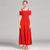 preiswerte Standard-Tanzsaal-rotes Gesellschaftstanzkleid mit schulterfreien Ärmeln, eleganter fließender Rock für Latein &amp;Gesellschaftstanz