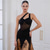 abordables Ropa de Competición-Vestido de baile de salón para mujer, elegante vestido de competición de tango y rumba con hombros asimétricos y malla de retazos de encaje negro