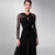 baratos Roupa de Competição-Vestido de dança de salão feminino azul marinho elegante manga longa malha gola cruzada valsa foxtrote tango competição vestido de apresentação